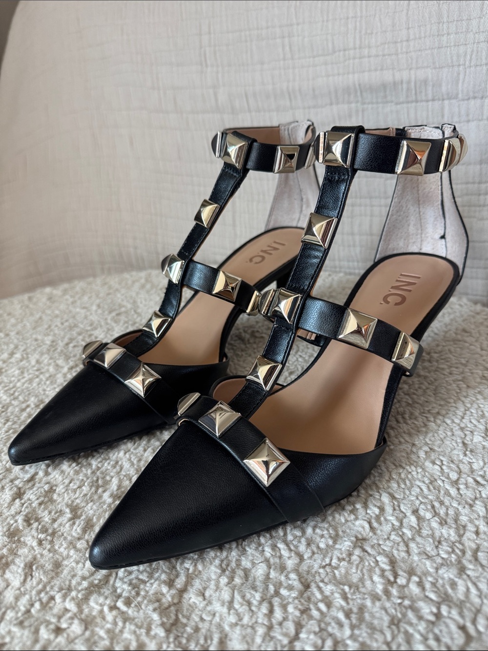NEW in BOX! INC Black T-Strap Heels with Gold Studs